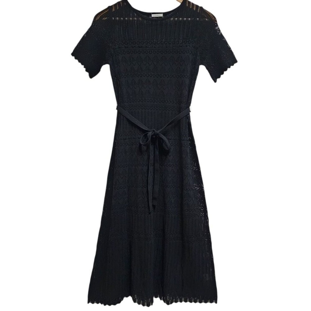 GU Crochet Pointelle Midi Dress Short Slv Size S Black Acrylic Lined Tie Belt